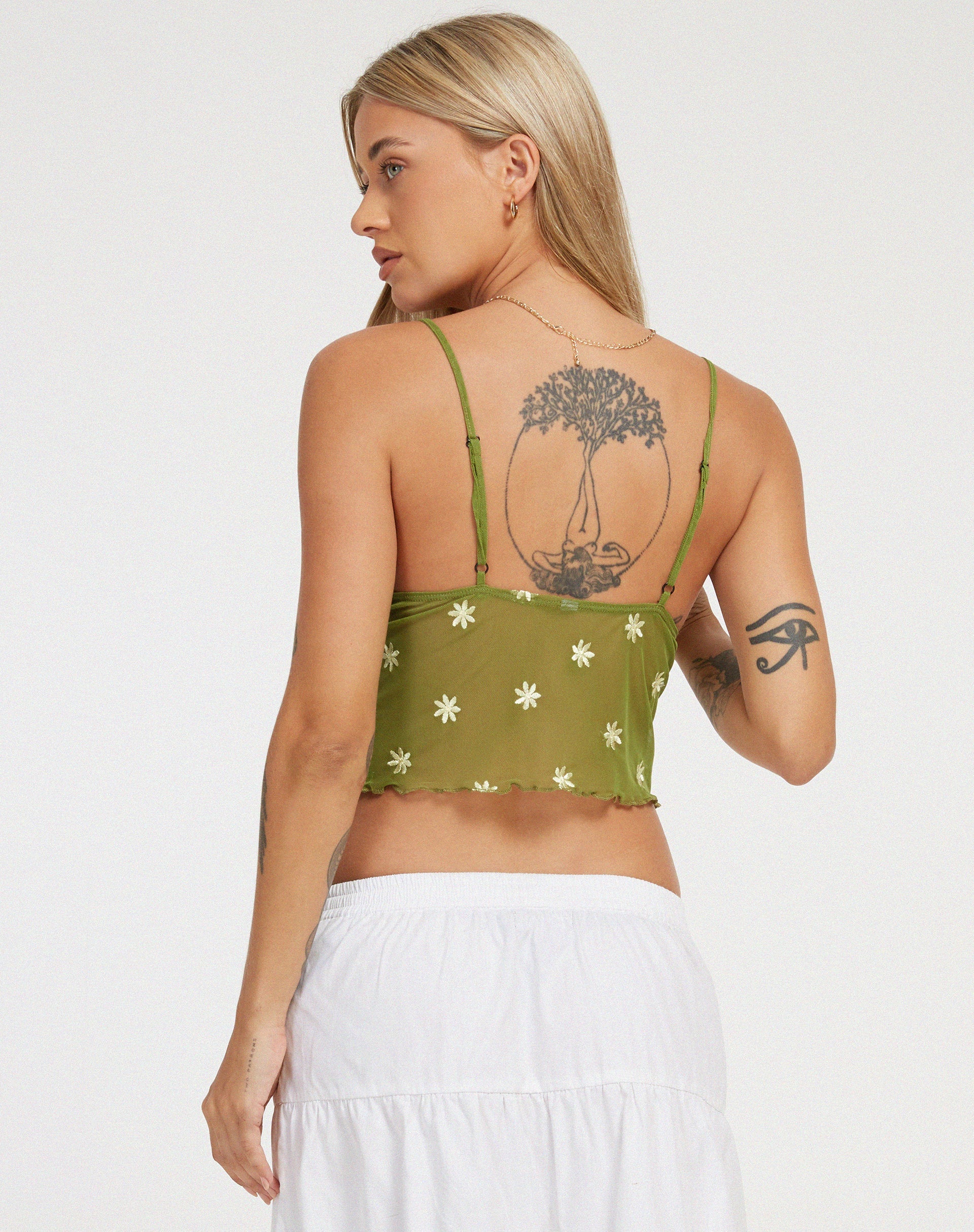 image of Yenika Cami Top in Moss Green Custard Daisy Embro