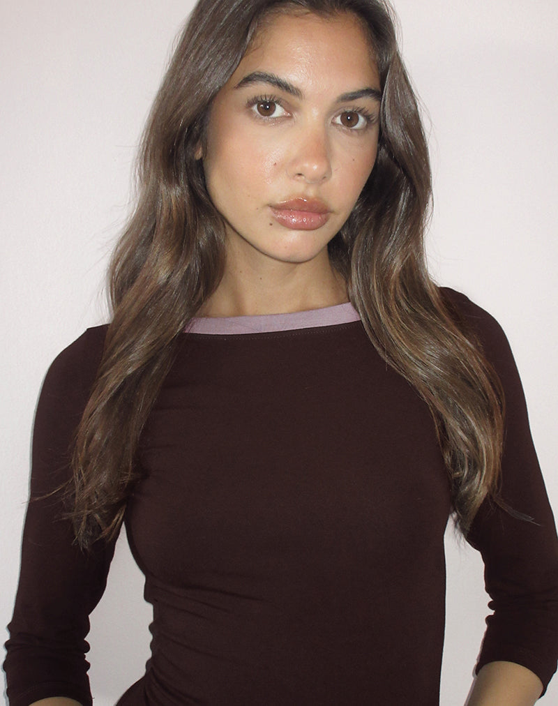 Image of Yones Top in Bitter Chocolate with Grey Lavender Trim
