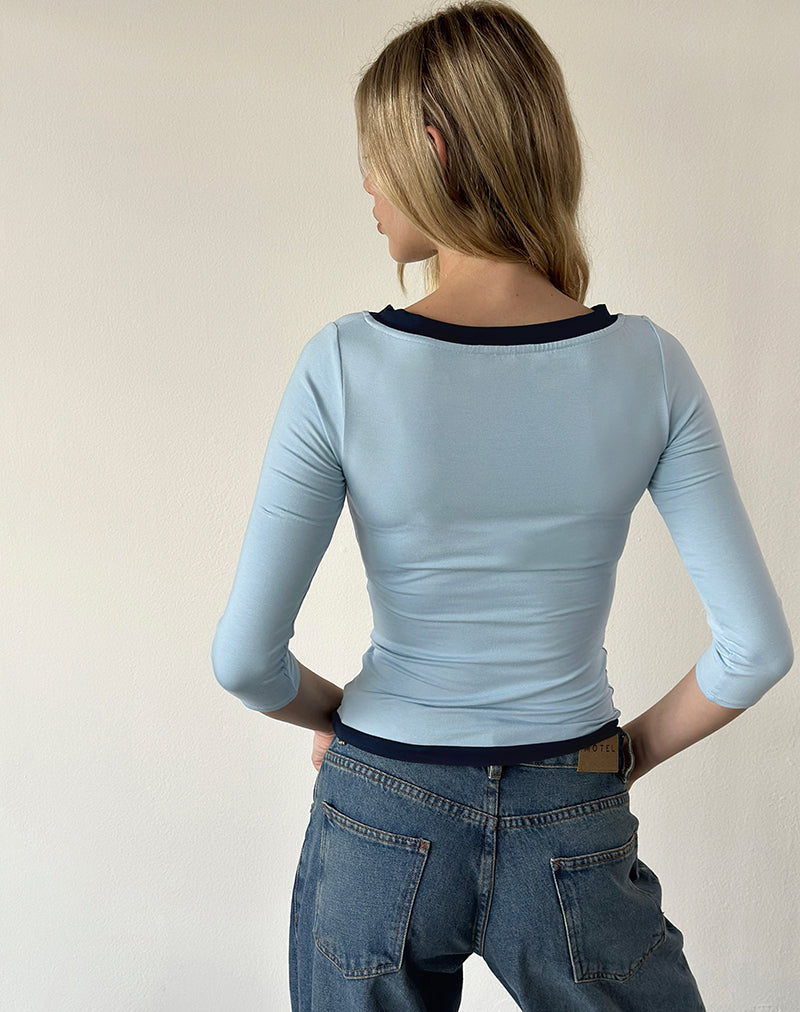 Image of Yones Quarter Sleeve Top in Cool Blue with Navy Trim