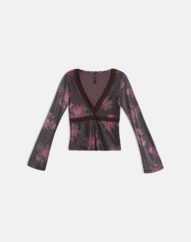 Imagen de la camiseta Yudo Top en marrón con lunares rosas y estampado de rosas.