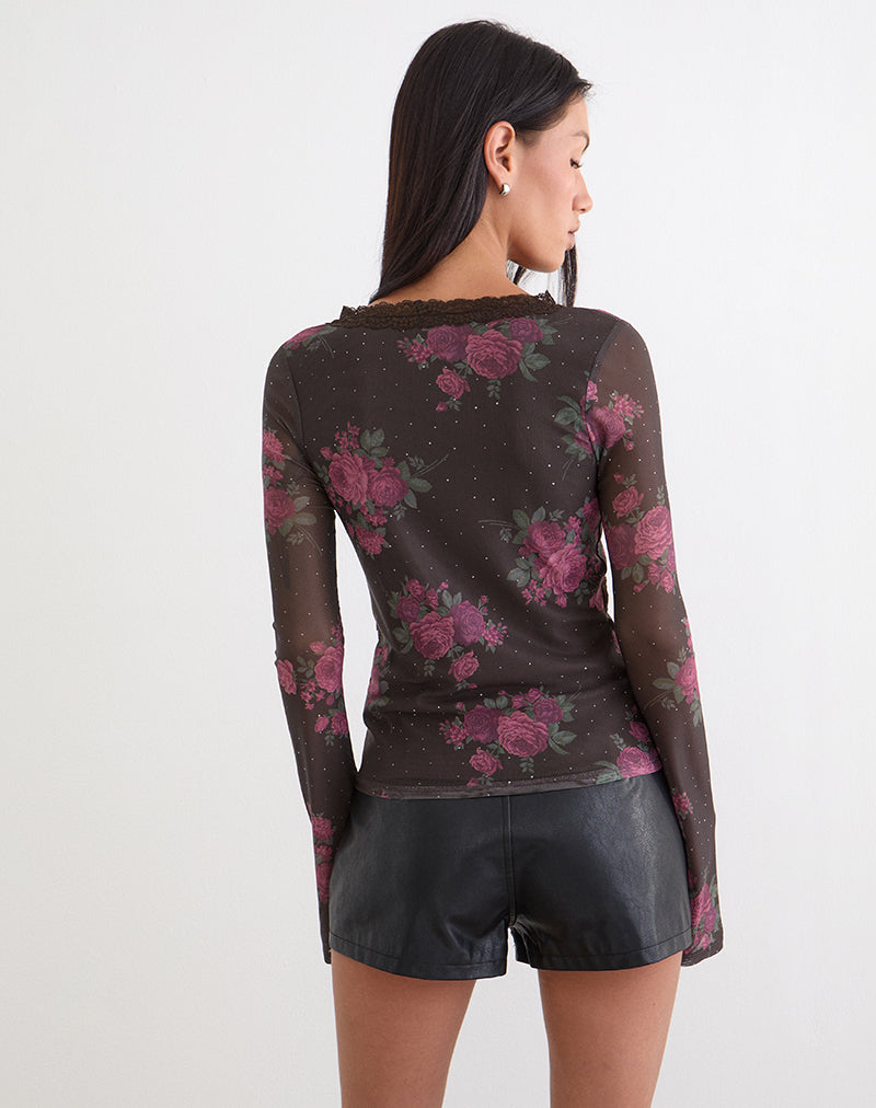 Imagen de la camiseta Yudo Top en marrón con lunares rosas y estampado de rosas.