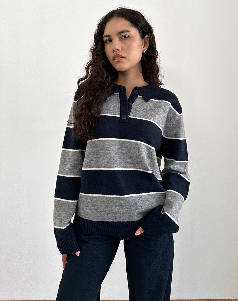 Image of Yusnada Oversized Rugby Jumper in Navy and Grey Stripe