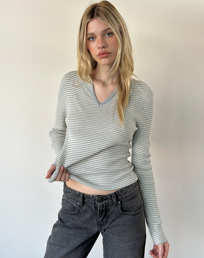 Image of Yuso Top in Waffle Knit Stripe Grey and Cream