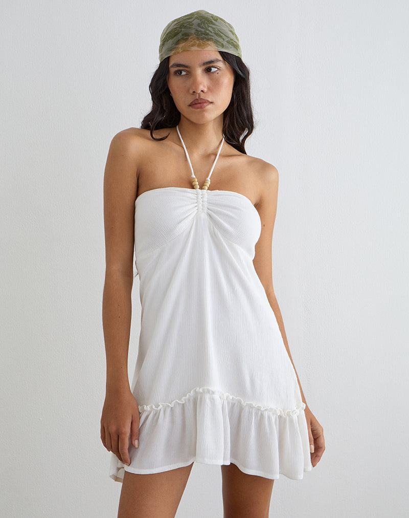Image of Yvelise Mini Dress in Crinkle Off White with Beads