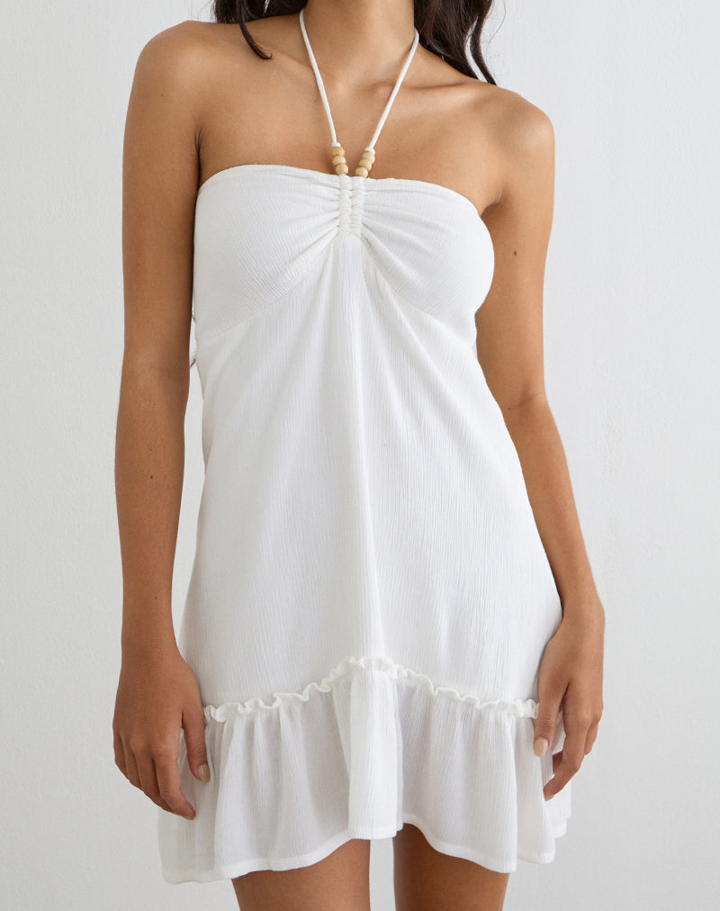 Yvelise Mini Dress in Crinkle Off White with Beads
