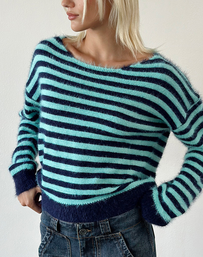 Image of Zalo Jumper in Knit Stripe Light Blue and Navy