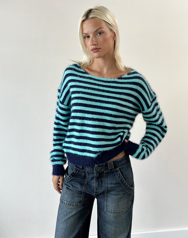 Image of Zalo Jumper in Knit Stripe Light Blue and Navy