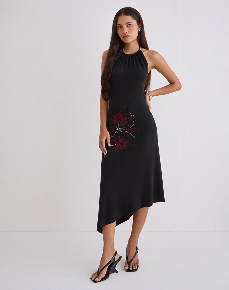 Vestido midi Zavine en cupro con flor Diamante negro