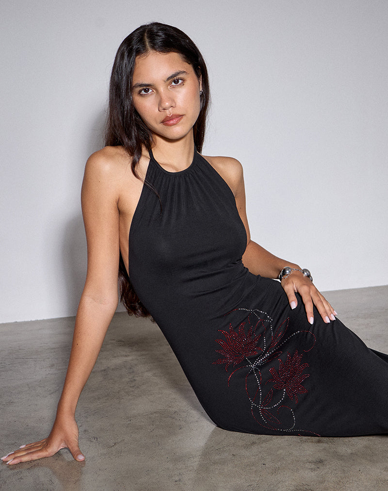 Vestido midi Zavine en cupro con flor Diamante negro