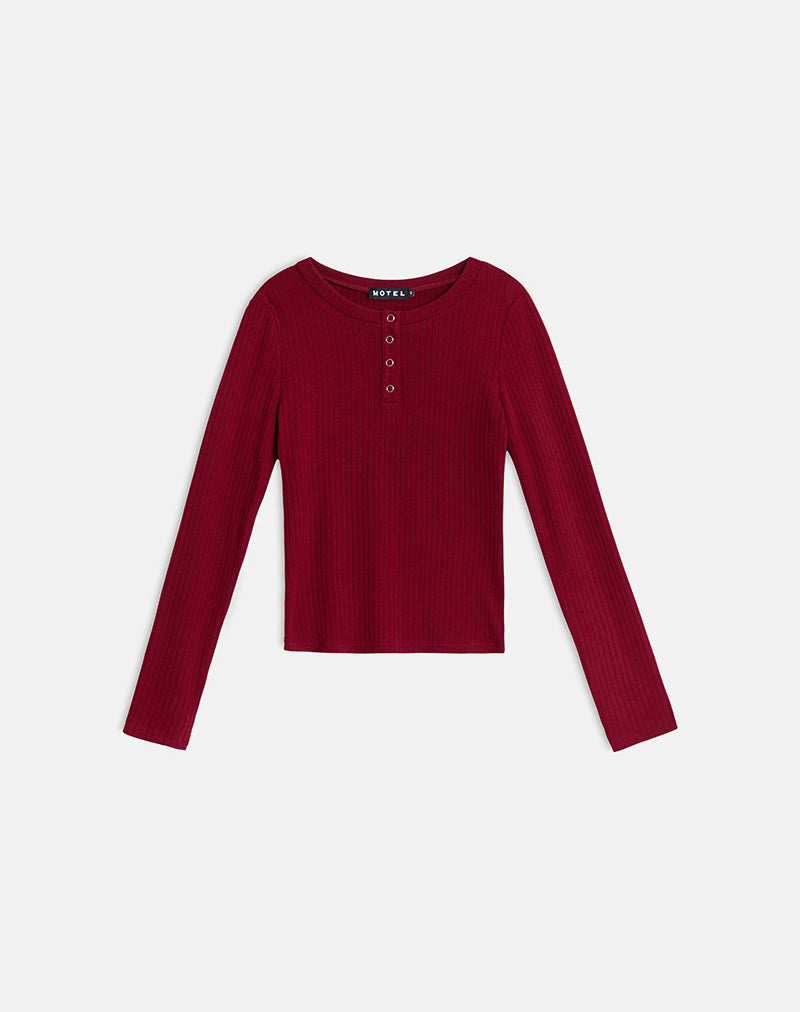 Image of Zinta Long Sleeve Button Up Top in Rib Knit Dark Maroon