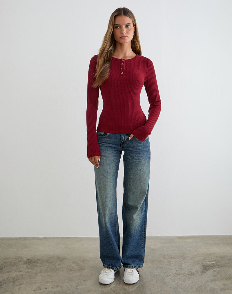 Image of Zinta Long Sleeve Button Up Top in Rib Knit Dark Maroon