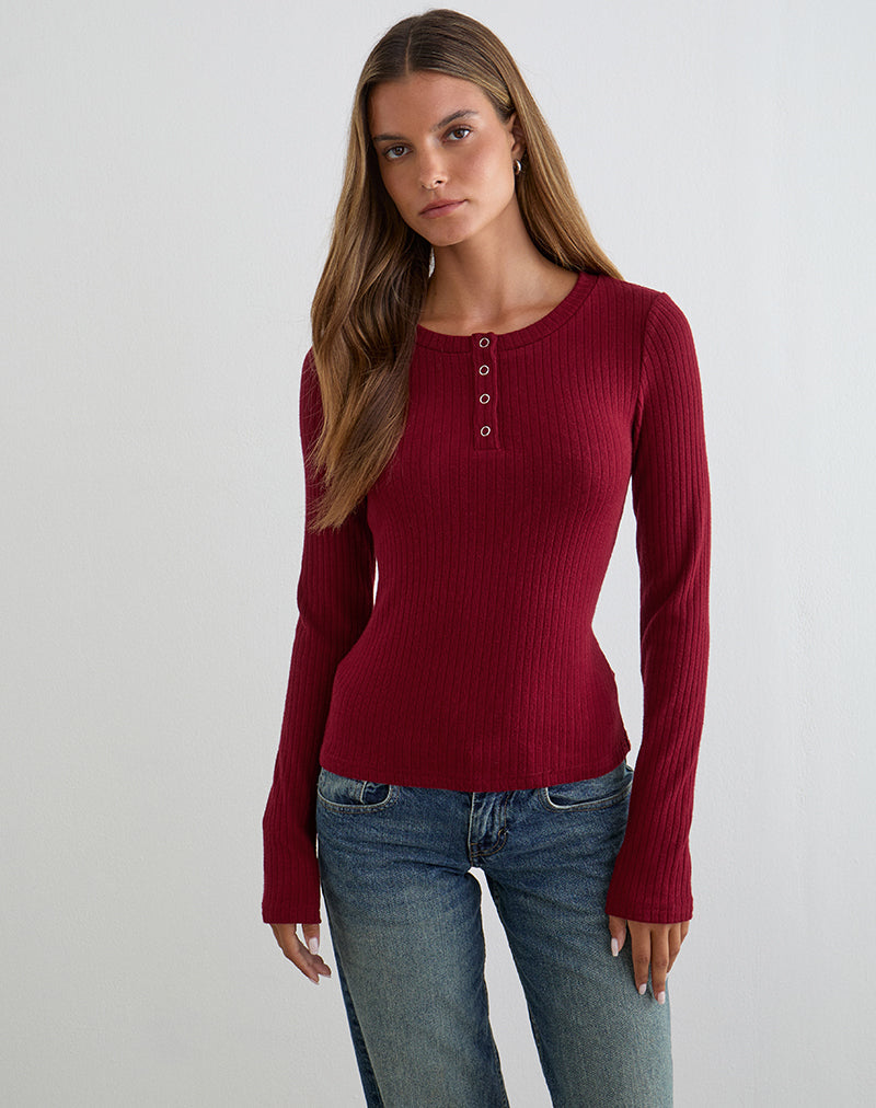 Image of Zinta Long Sleeve Button Up Top in Rib Knit Dark Maroon