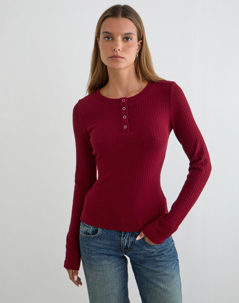 Image of Zinta Long Sleeve Button Up Top in Rib Knit Dark Maroon