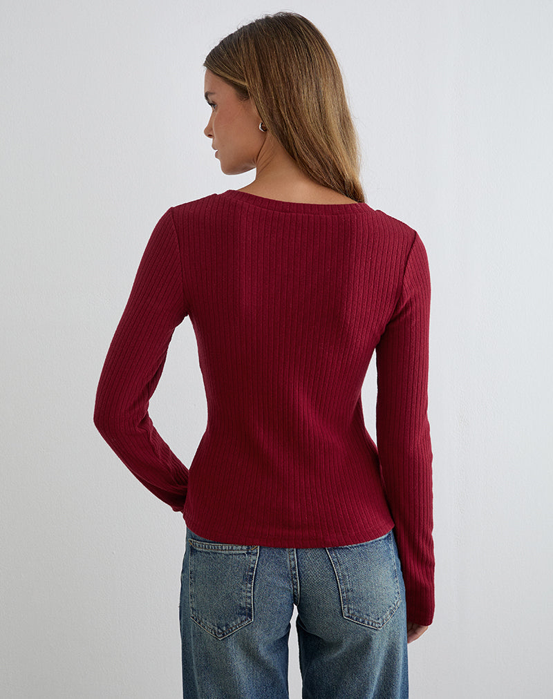 Image of Zinta Long Sleeve Button Up Top in Rib Knit Dark Maroon