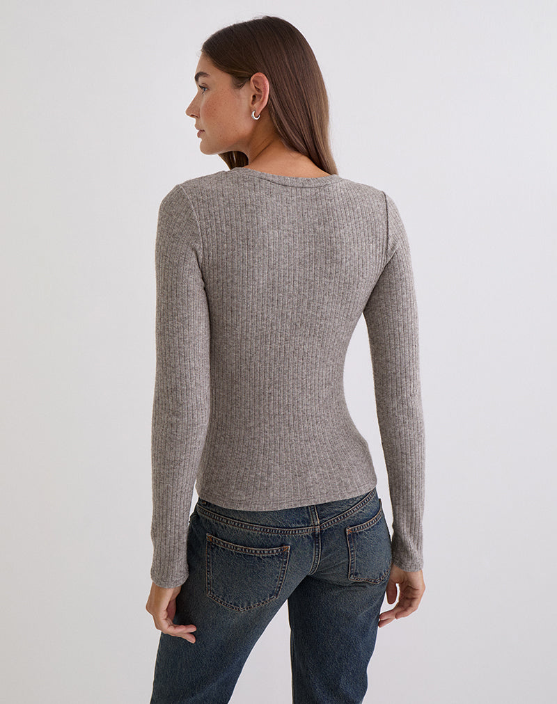Image of Zinta Long Sleeve Button Up Top in Ribbed Knit Grey
