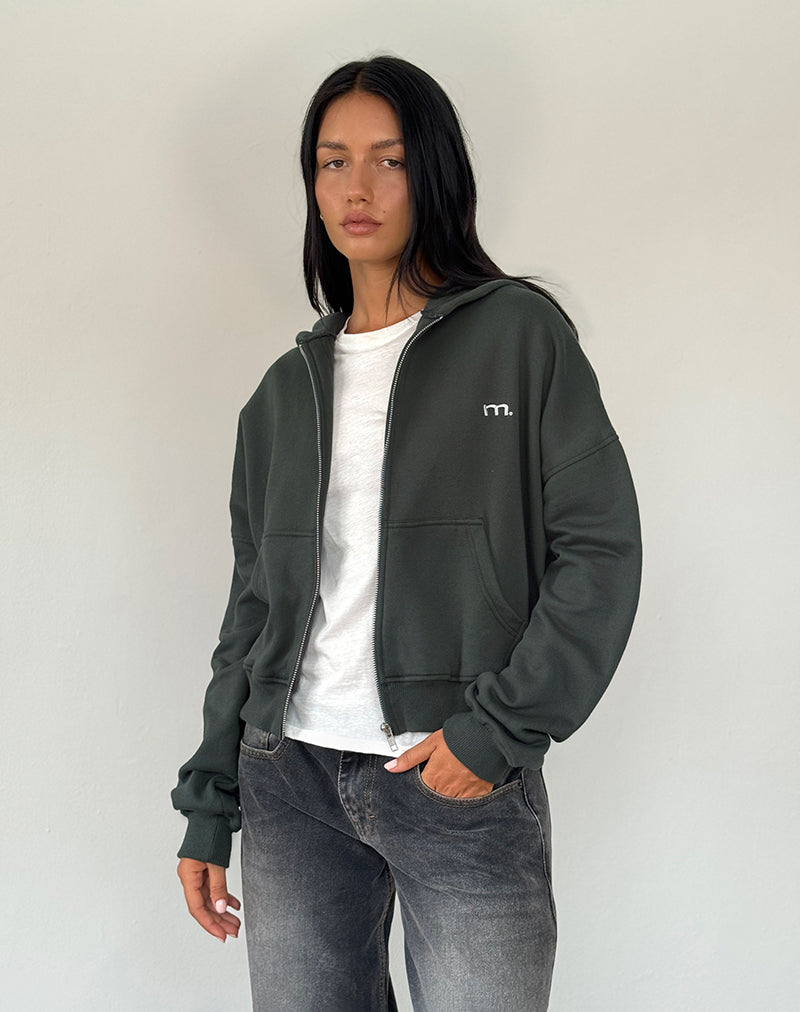 Zip Through Hoodie in Beluga with Light Grey M Embroidery