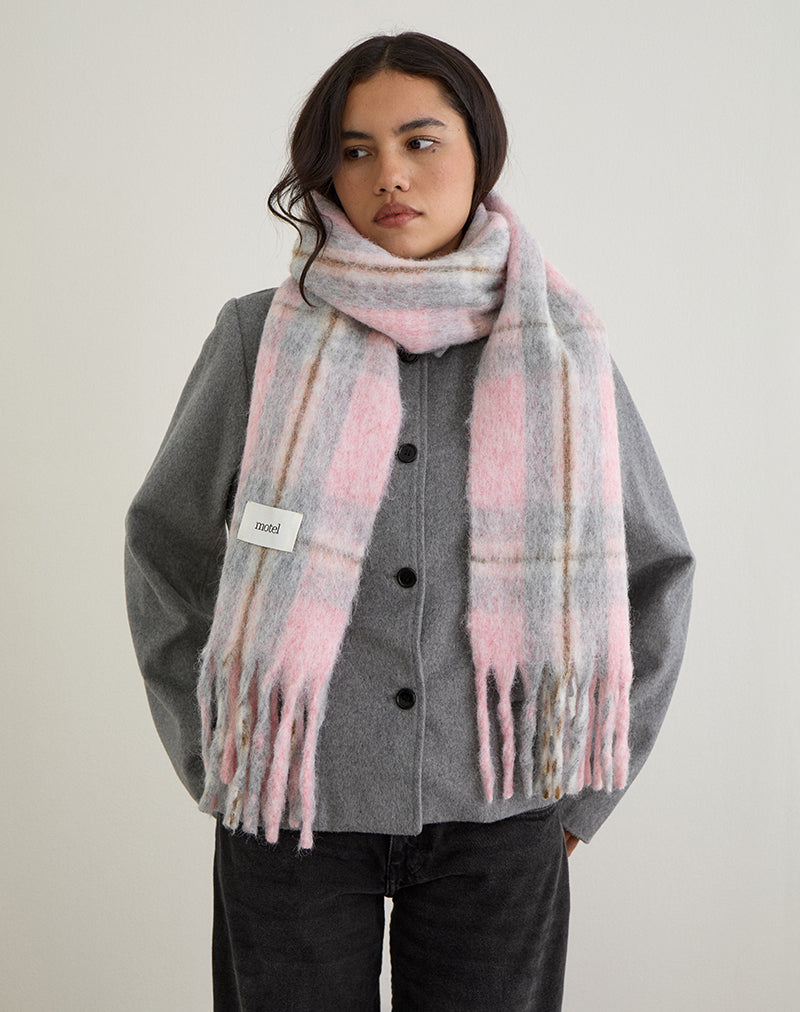 Image of Scarf in Wool Brushed Knit Pink Check