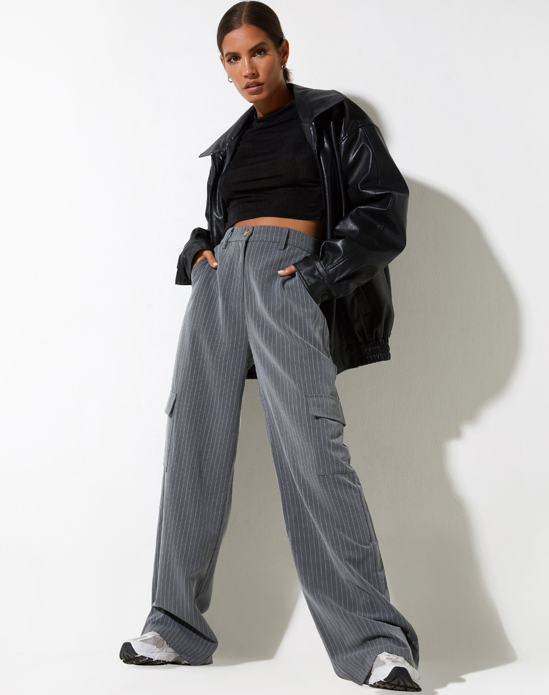 image of Abba Cargo Trouser in Pinstripe Grey