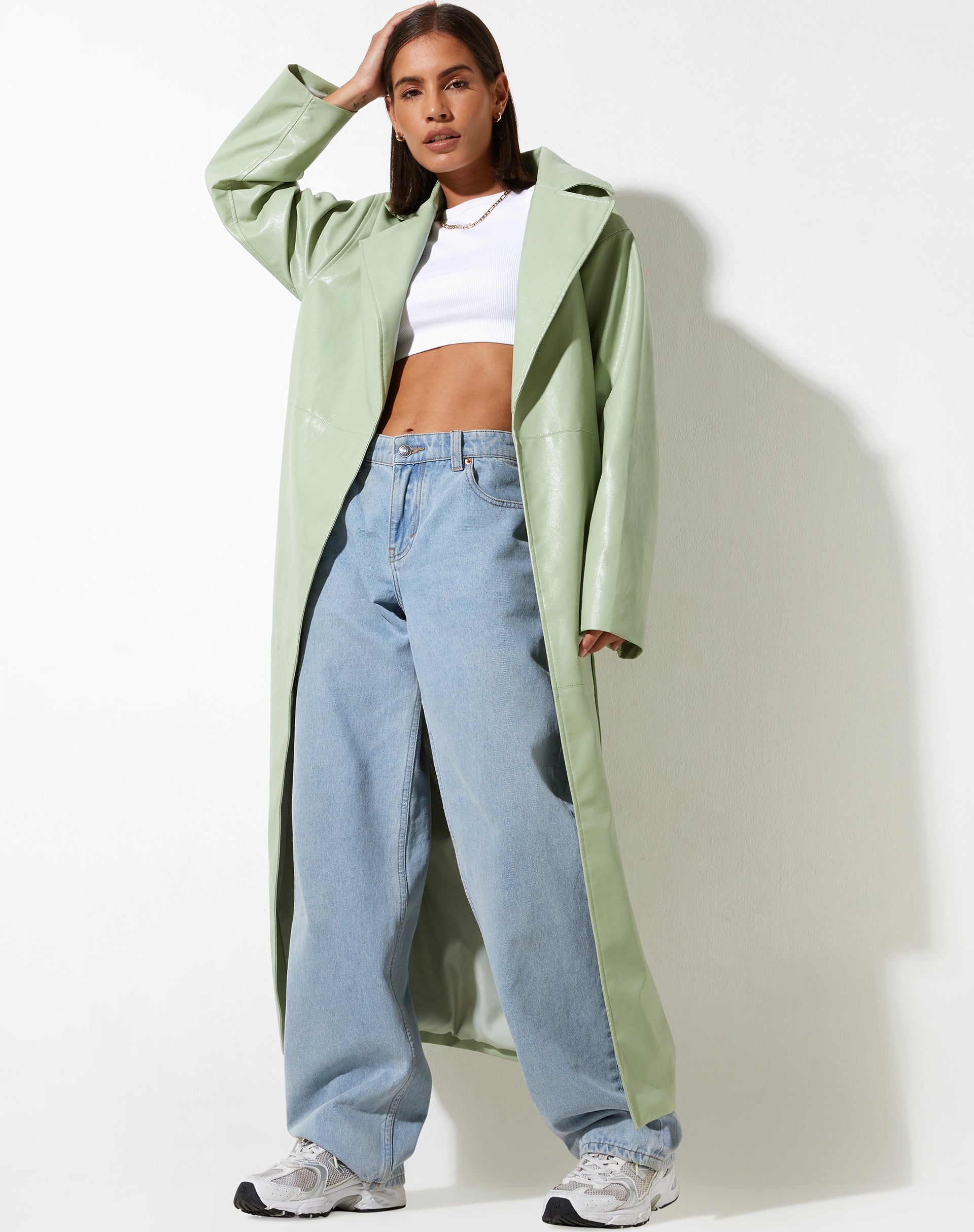 PU Mint Long Line Button Up Front Long Sleeve Trench Coat | Ejo