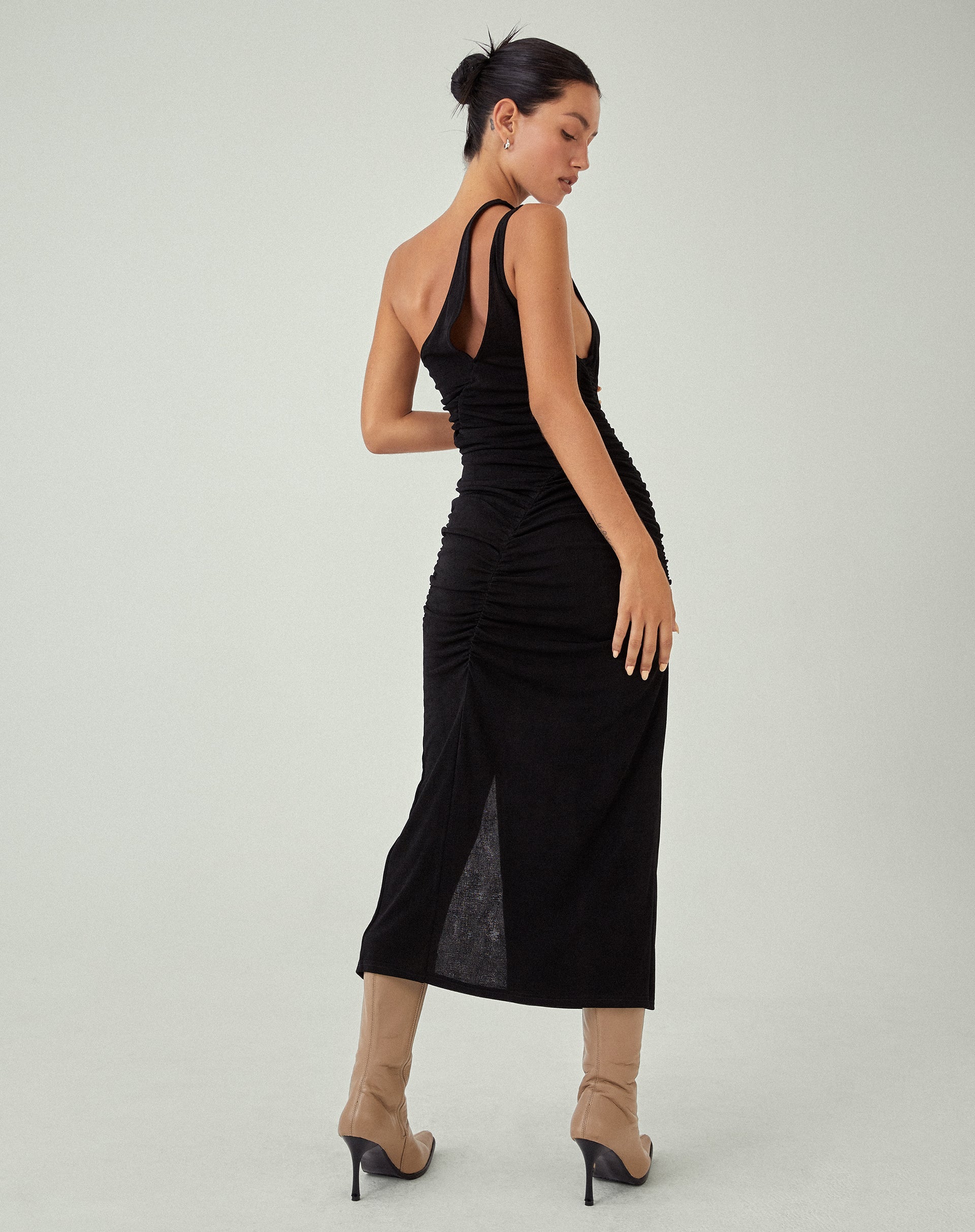 Black Side Split One Shoulder Midi Dress | Arista – motelrocks-com-eur