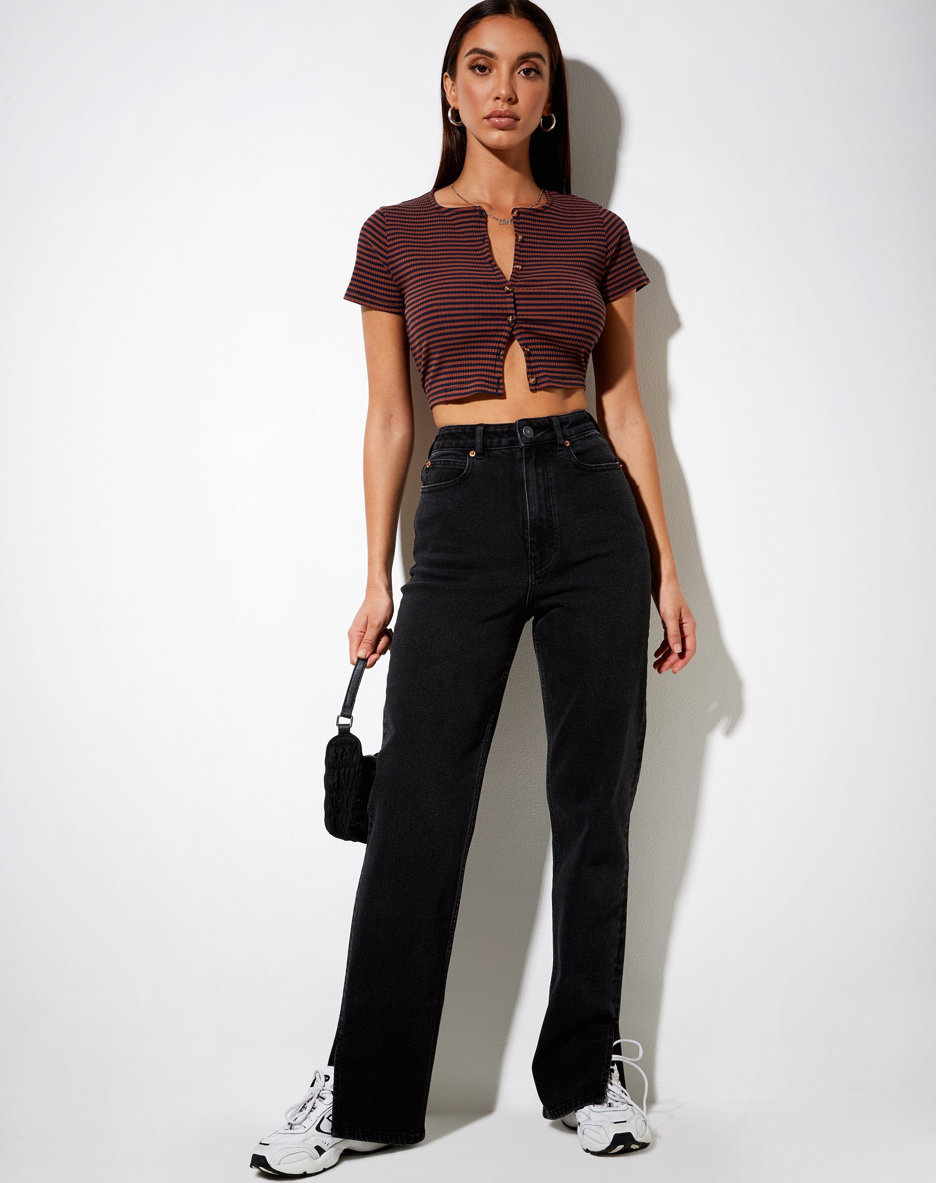 Image of Avia Crop Top in Rib Brown and Navy
