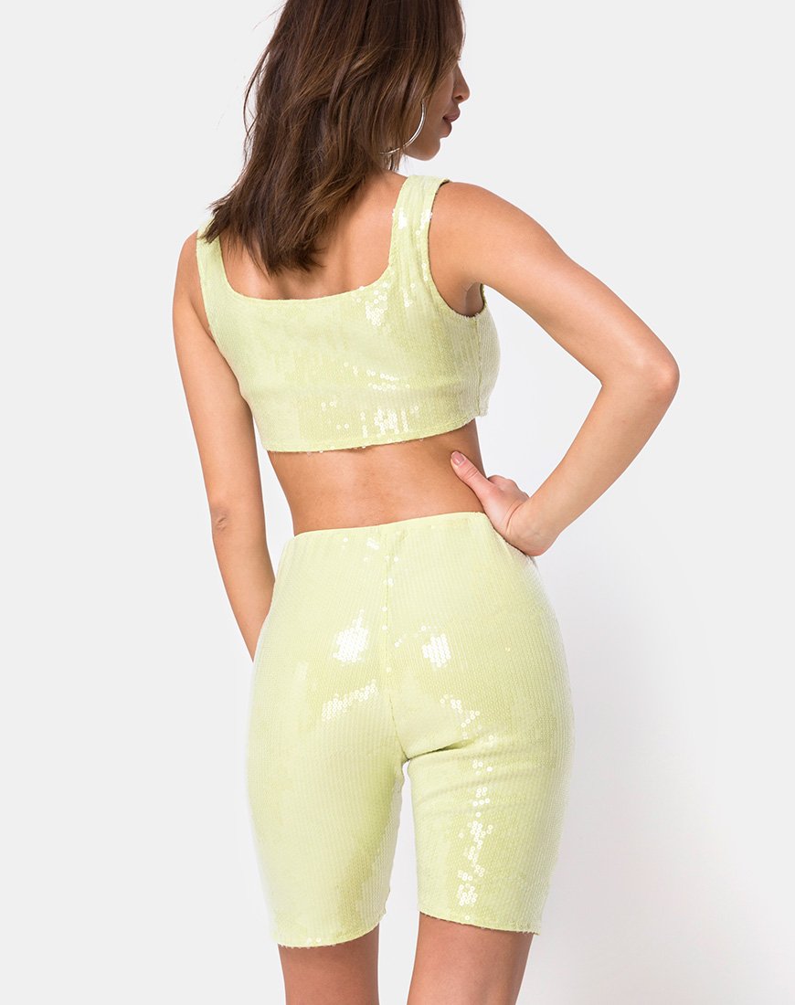 Image of Bike Short in Pistachio Green with Clear Sequins