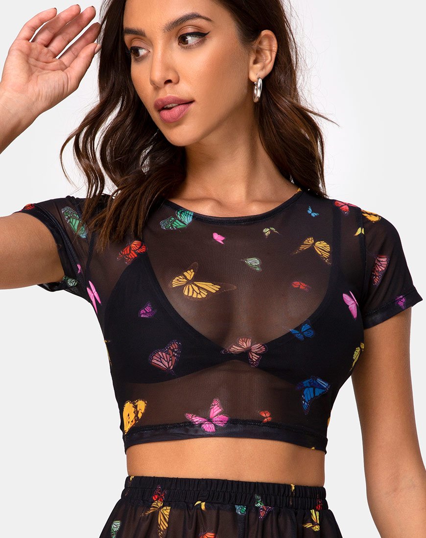Image of Tiney Crop Top Tee in Mesh Black Butterfly