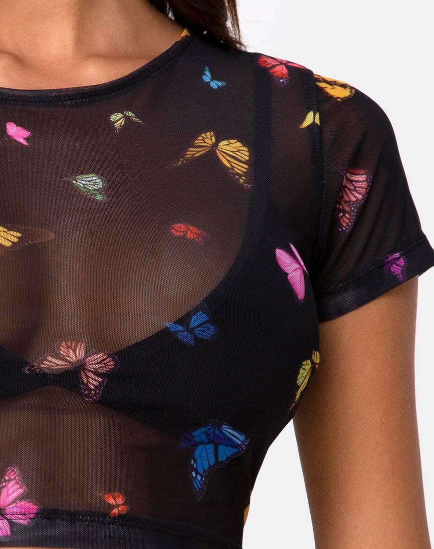 Image of Tiney Crop Top Tee in Mesh Black Butterfly