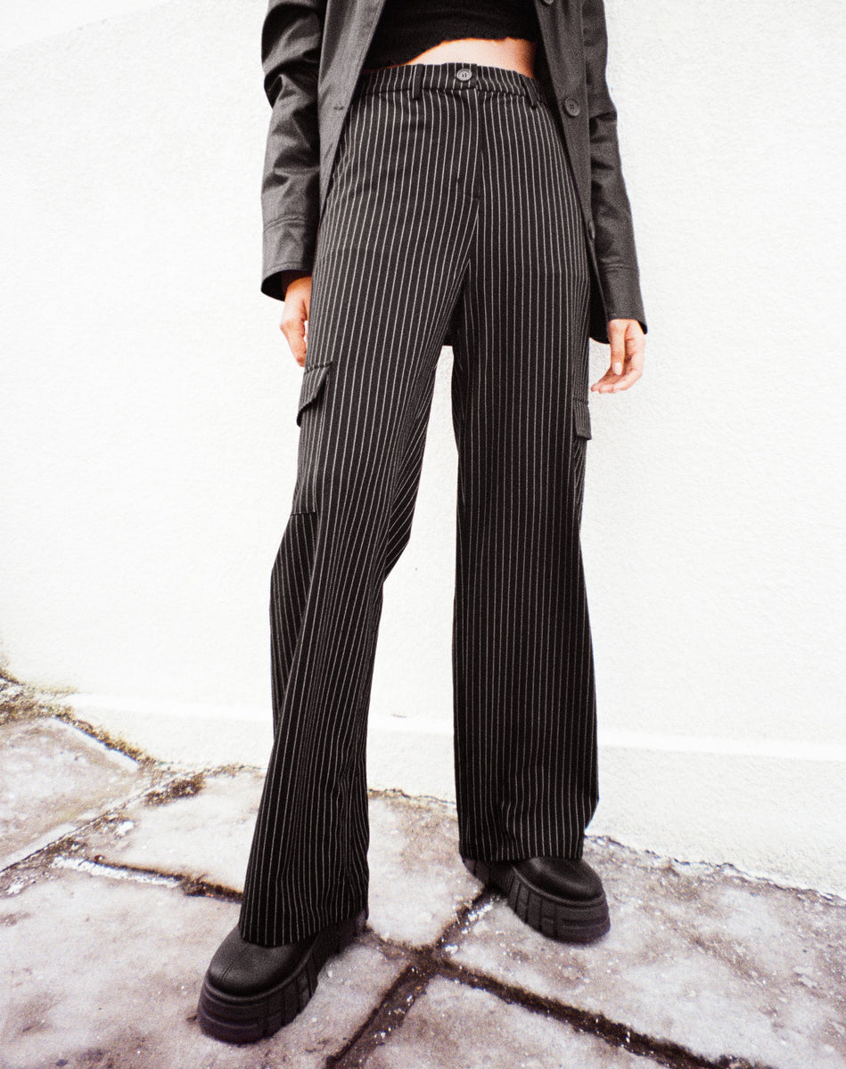 Black Pinstripe Cargo Trousers | Abba – motelrocks-com-eur