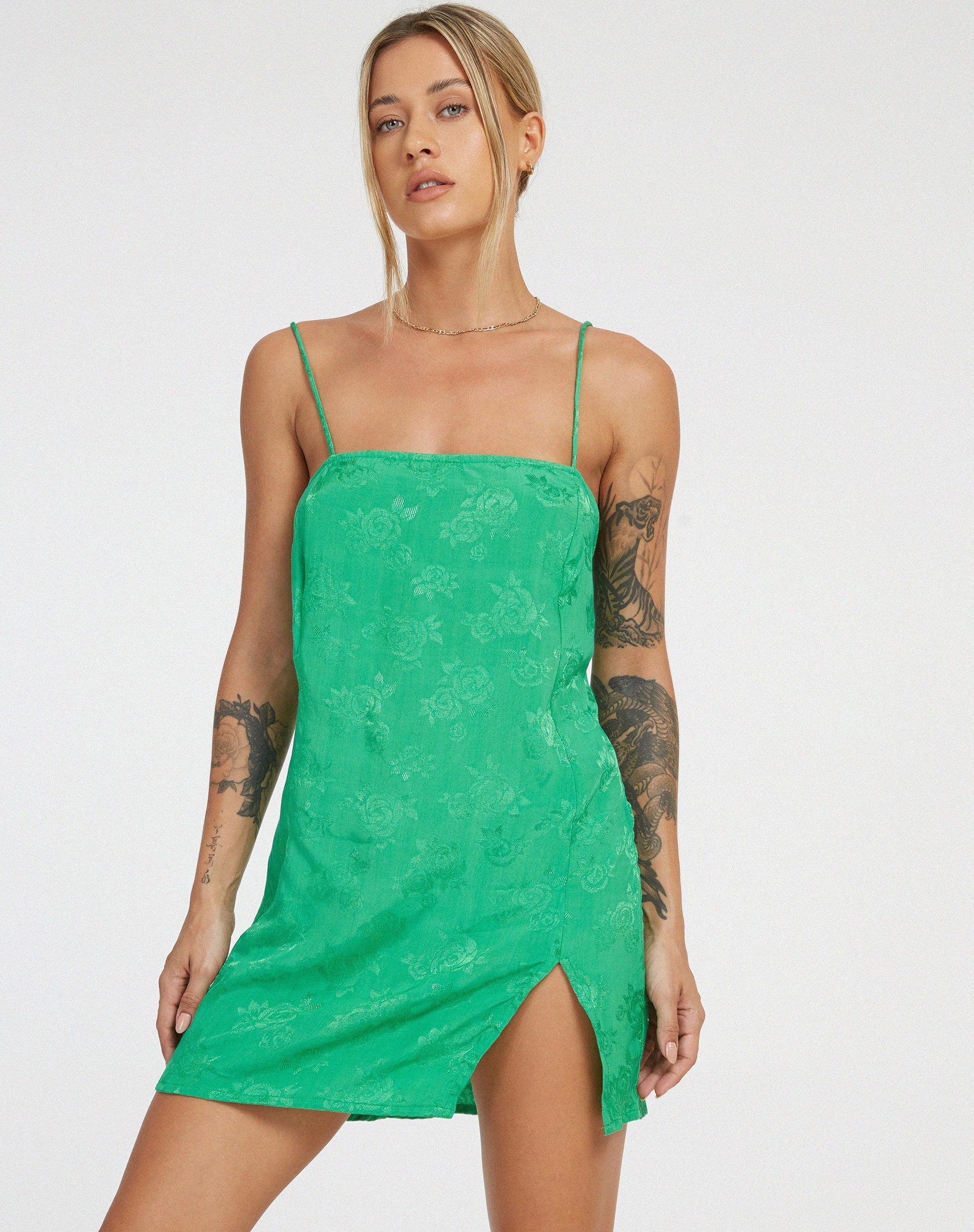 image of Datista Mini Dress in Satin Rose Jade Green