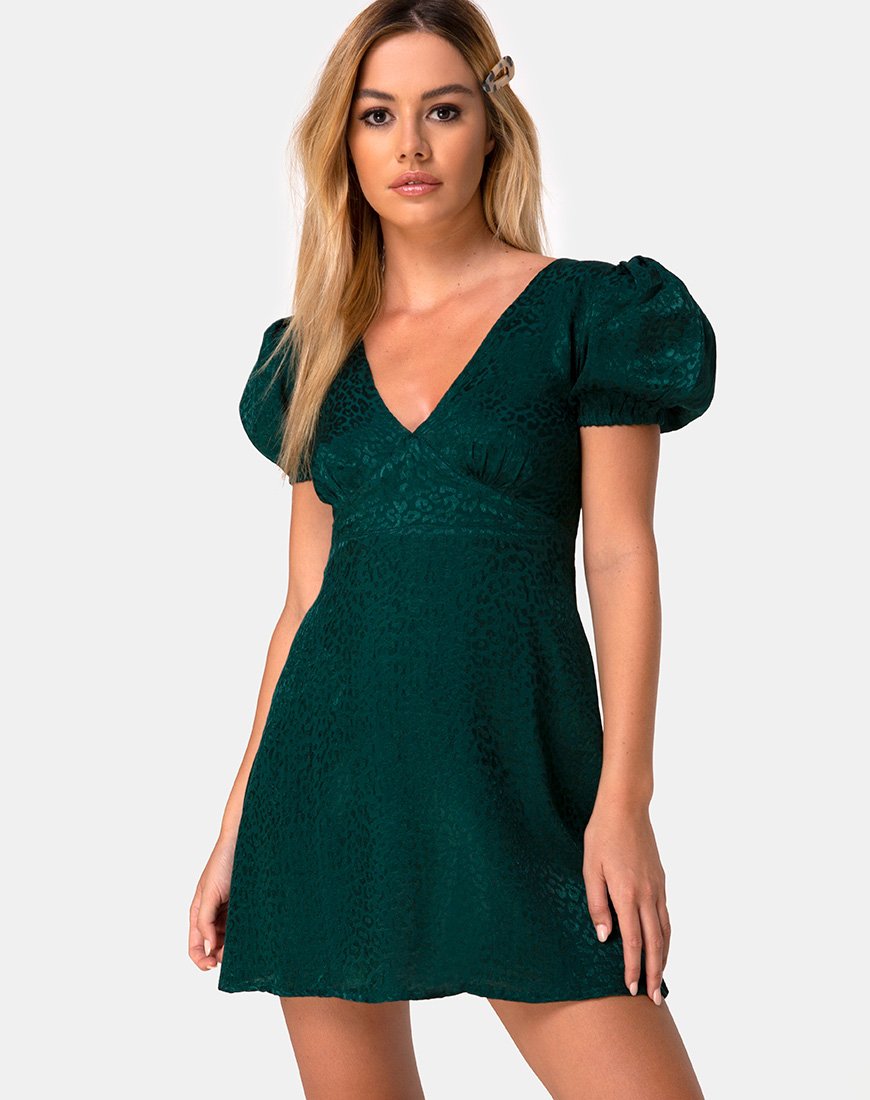 Image of Elfy Mini Dress in Satin Cheetah Forest Green