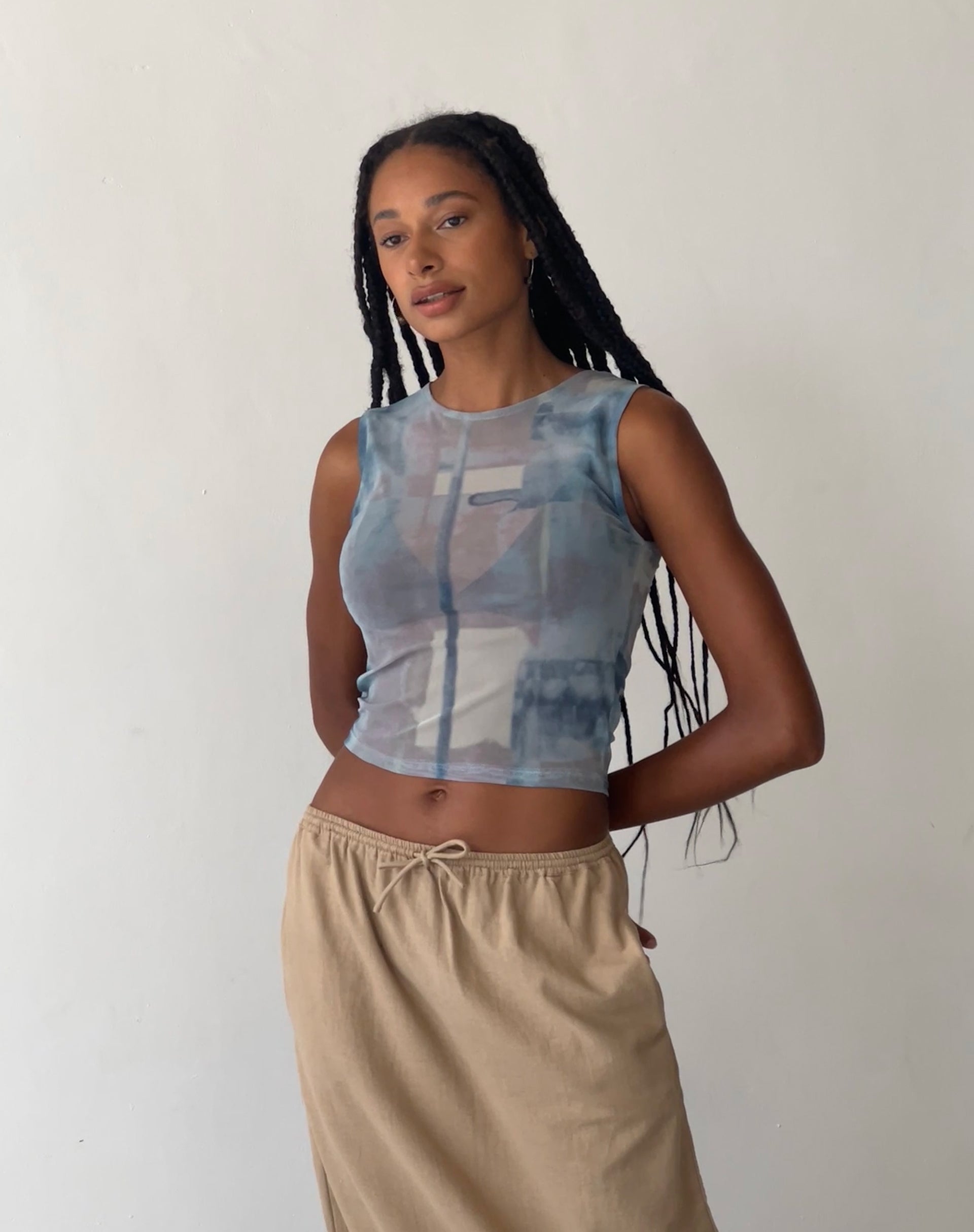 Image of MOTEL X JACQUIE Elisha Top in Mesh Abstract Paint Brush Blue