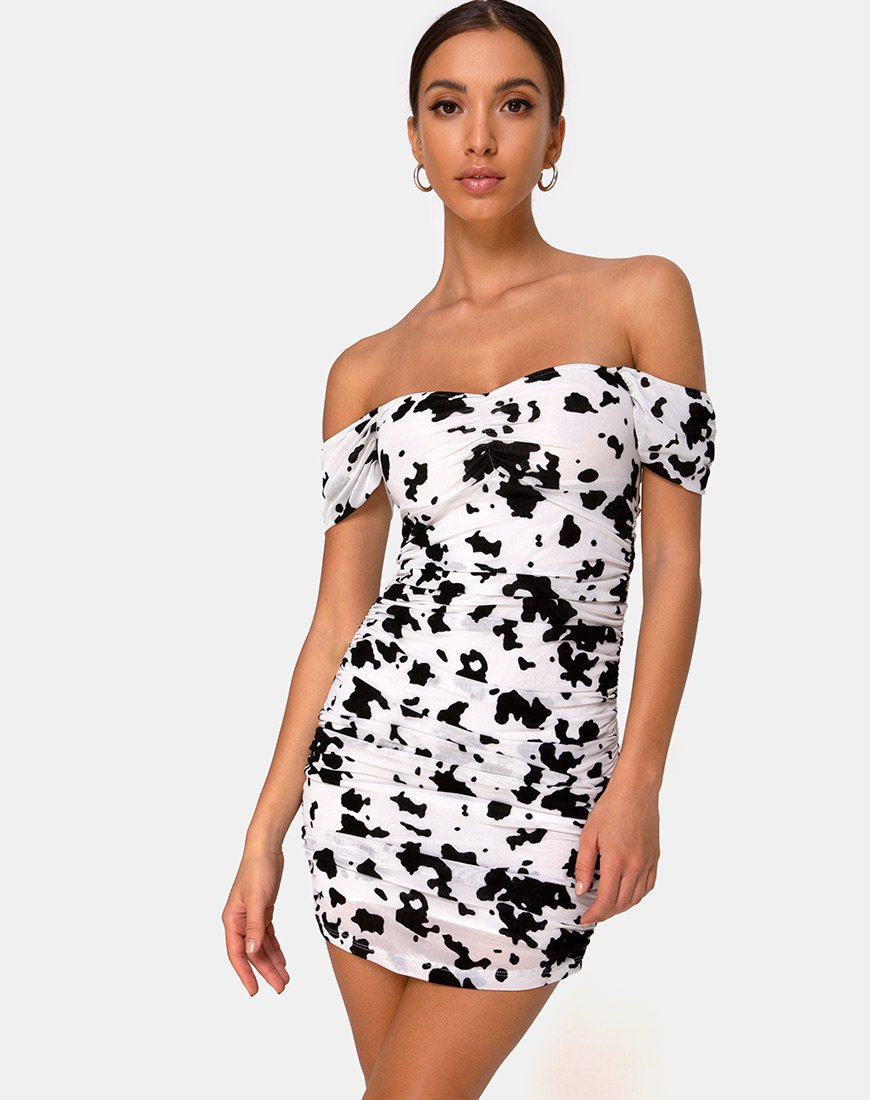 Image of Ennete Off The Shoulder Dress in Flock Dalmatian Black and White