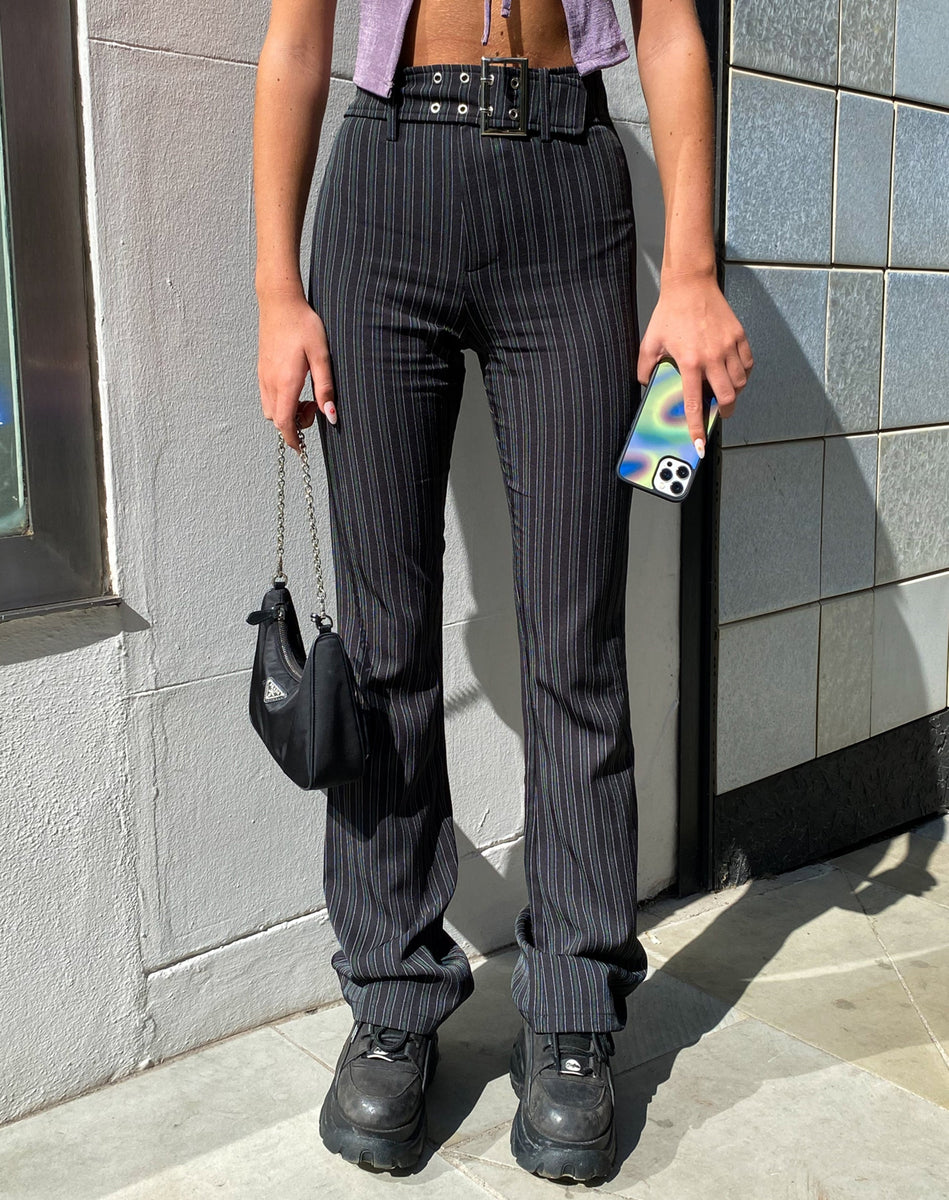 Black Stripe Belted Flare Trousers | Zocha – motelrocks-com-eur