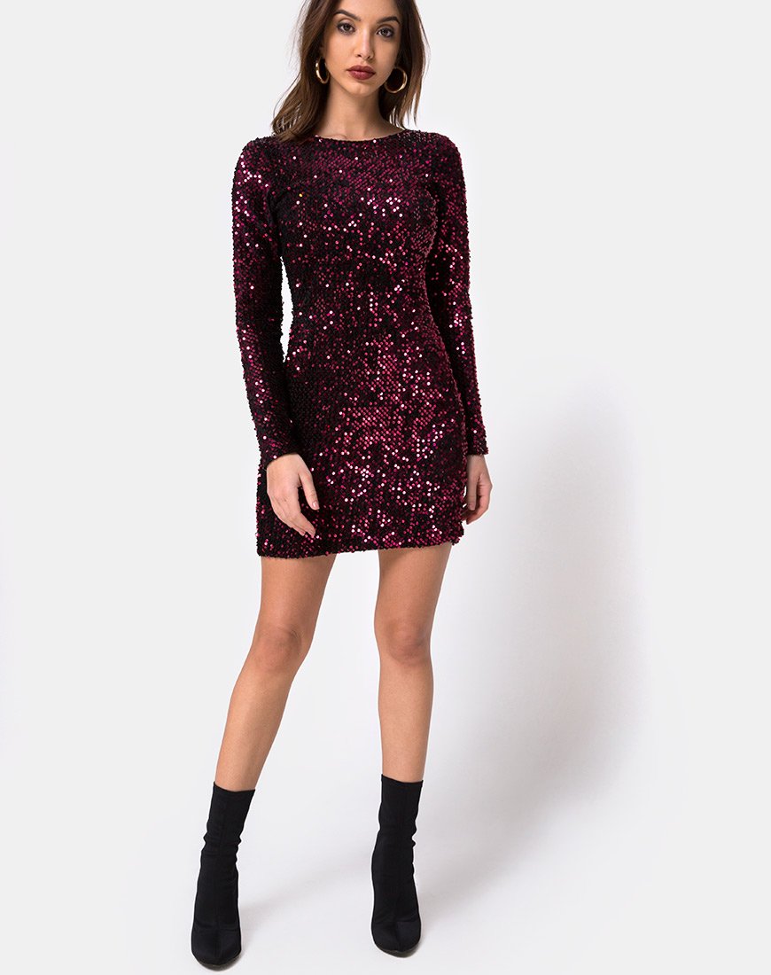 Image of Gabby Plunge Back Dress in Wine Sequin