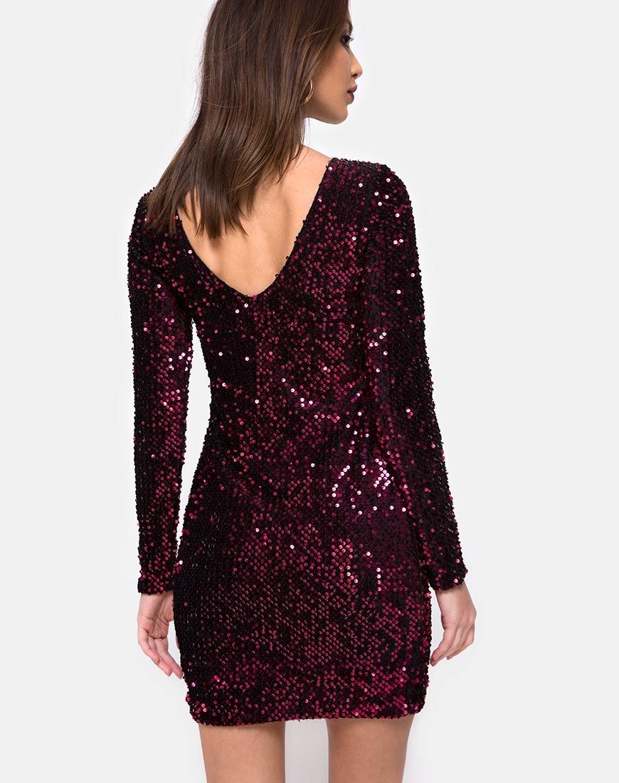 Image of Gabby Plunge Back Dress in Wine Sequin