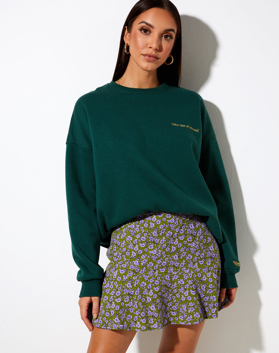 High Waist Khaki Green Floral Blossom Skater Skirt | Gaelle ...