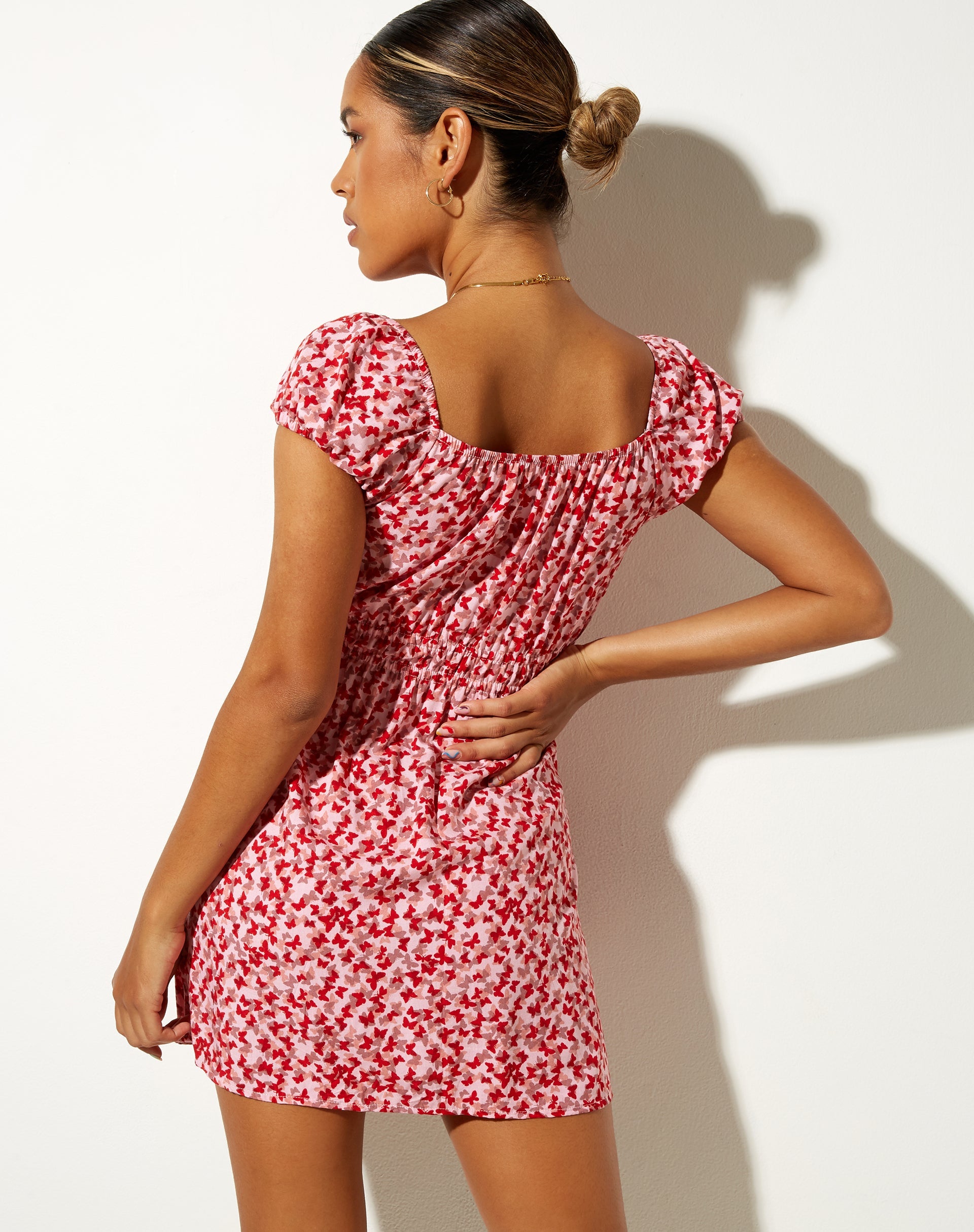 Image of Galova Mini Dress in Ditsy Butterfly Peach and Red
