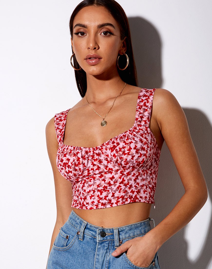 Image of Gladis Vest Crop Top in Ditsy Butterfly Peach and Red