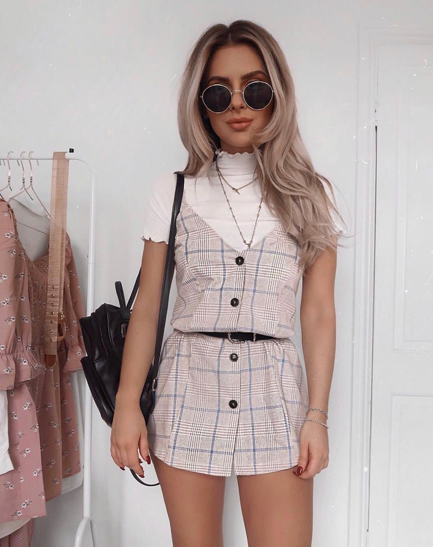 Image of Esana Slip Dress in Tonal Plaid Almond