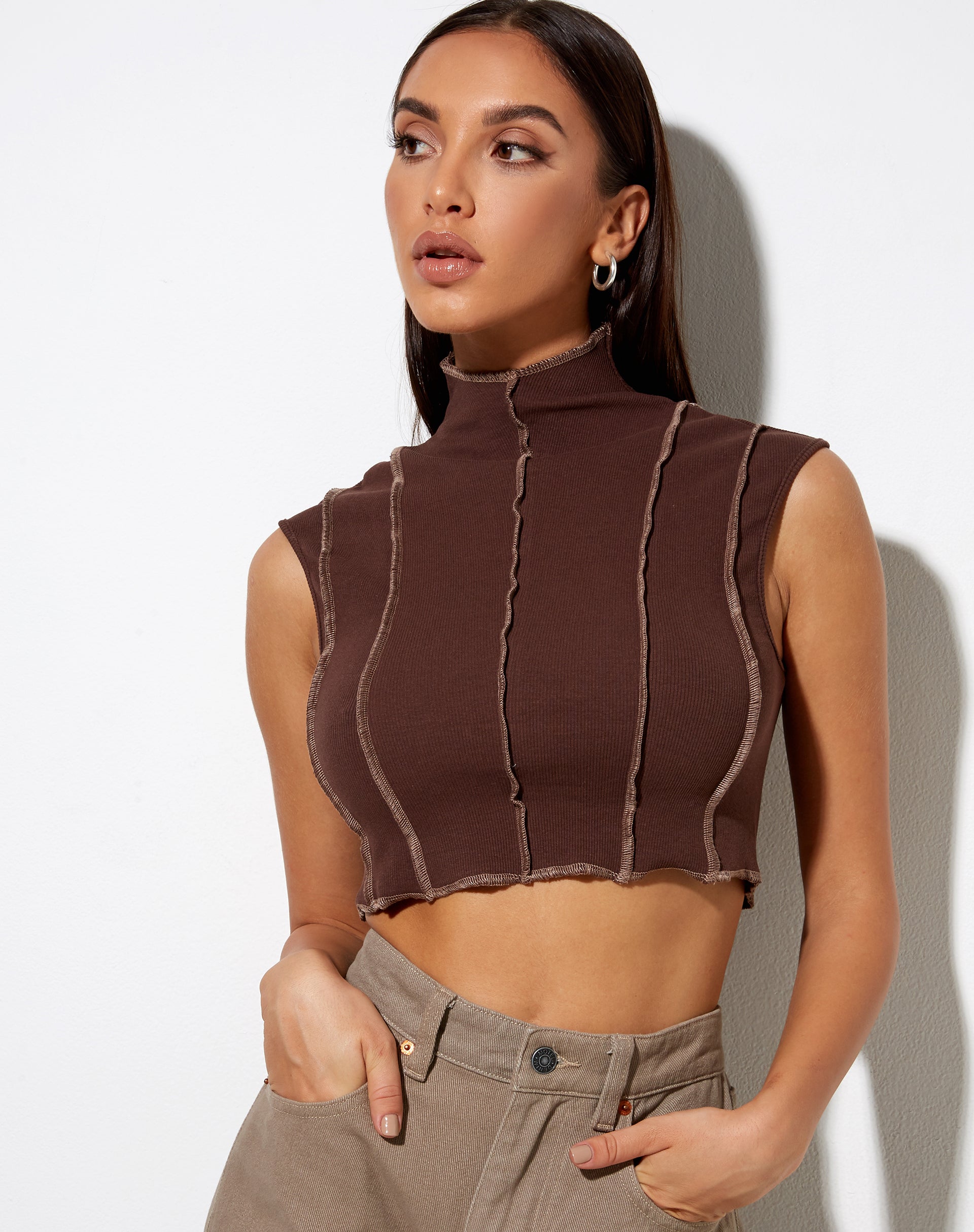 Image of Ivy Vest Top in Deep Mahogany with Lighter Brown Stitch