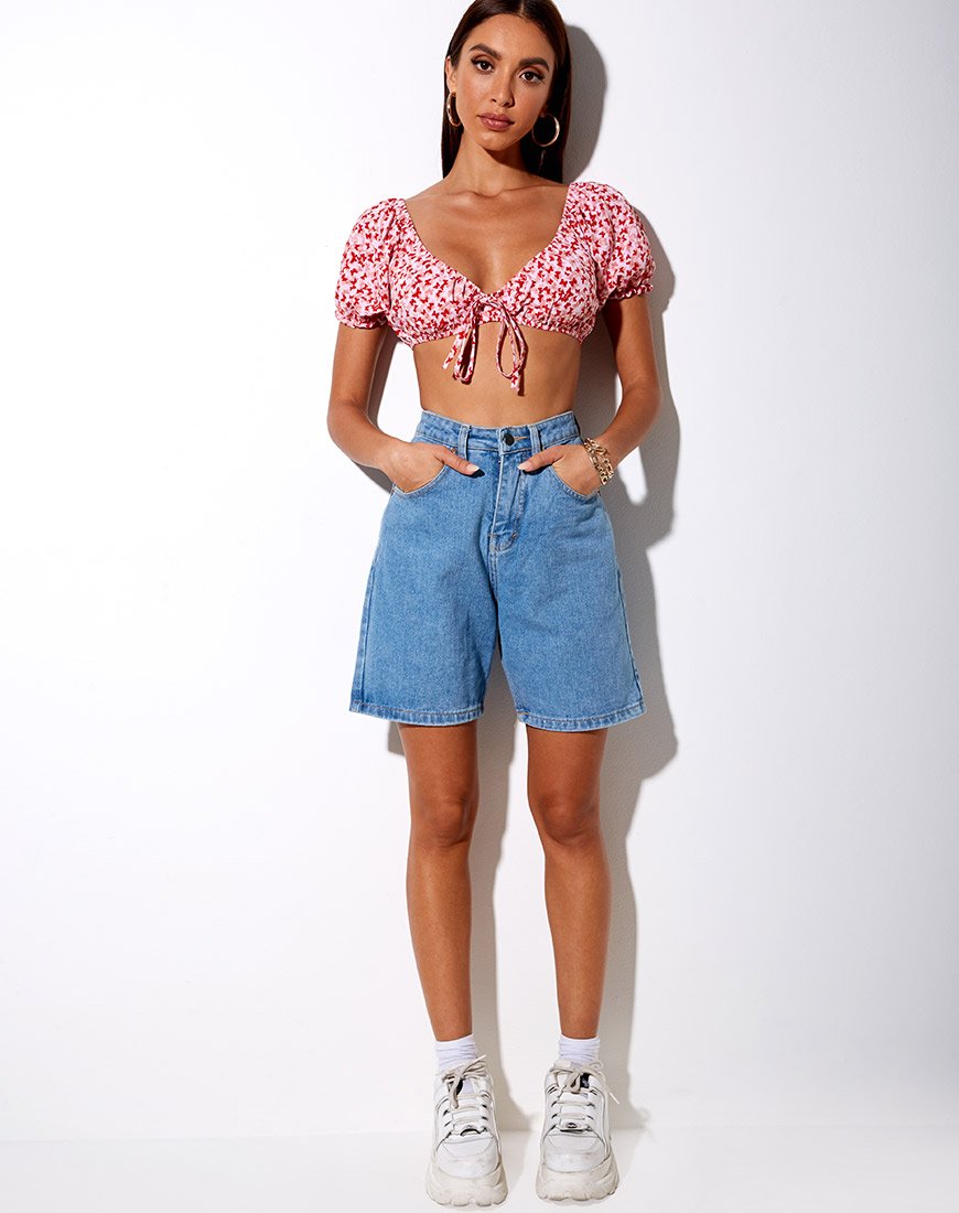 Image of Jiha Crop Top in Ditsy Butterfly Peach and Red