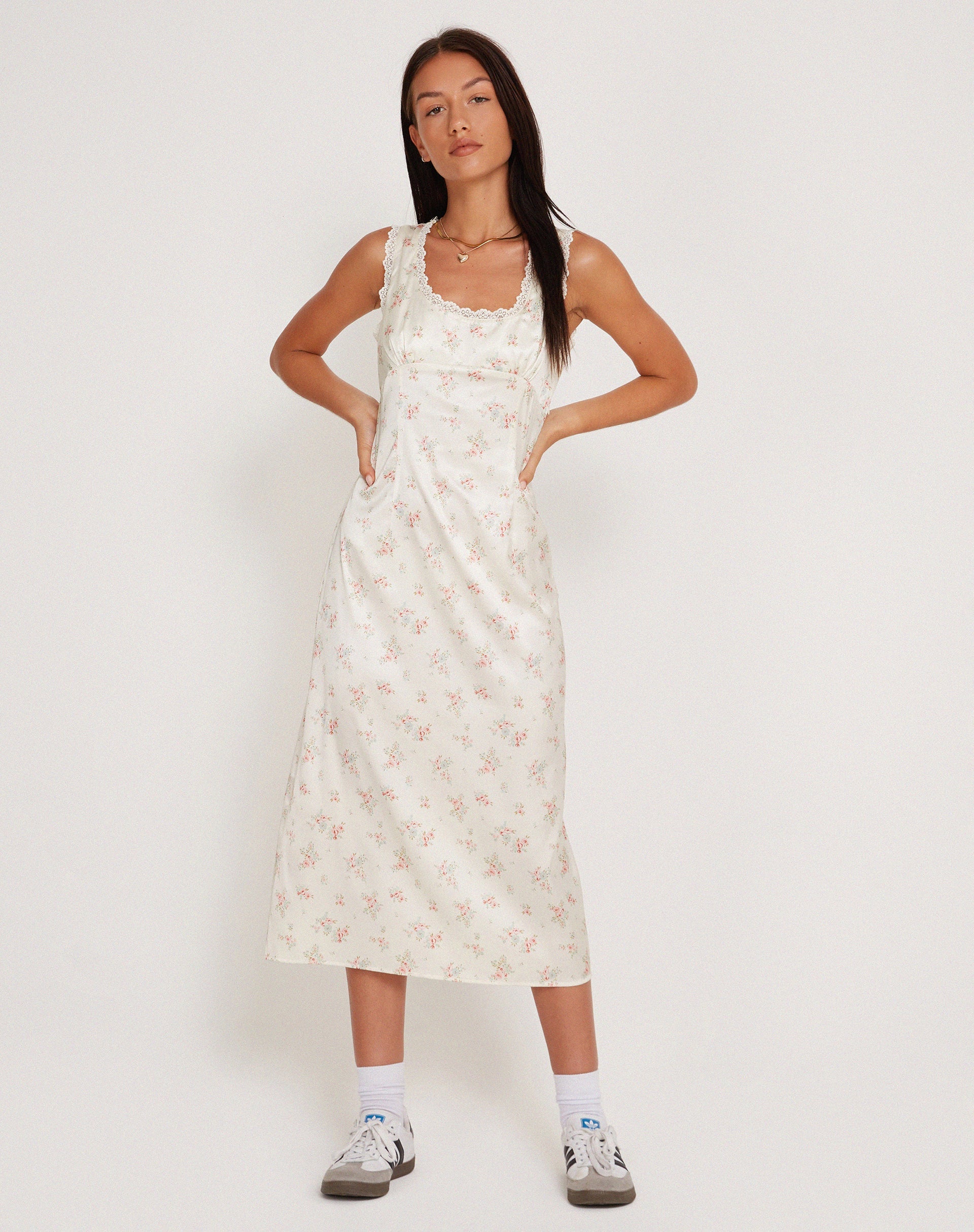 Image of Jinora Midi Dress in Satin Vintage Rose Garland