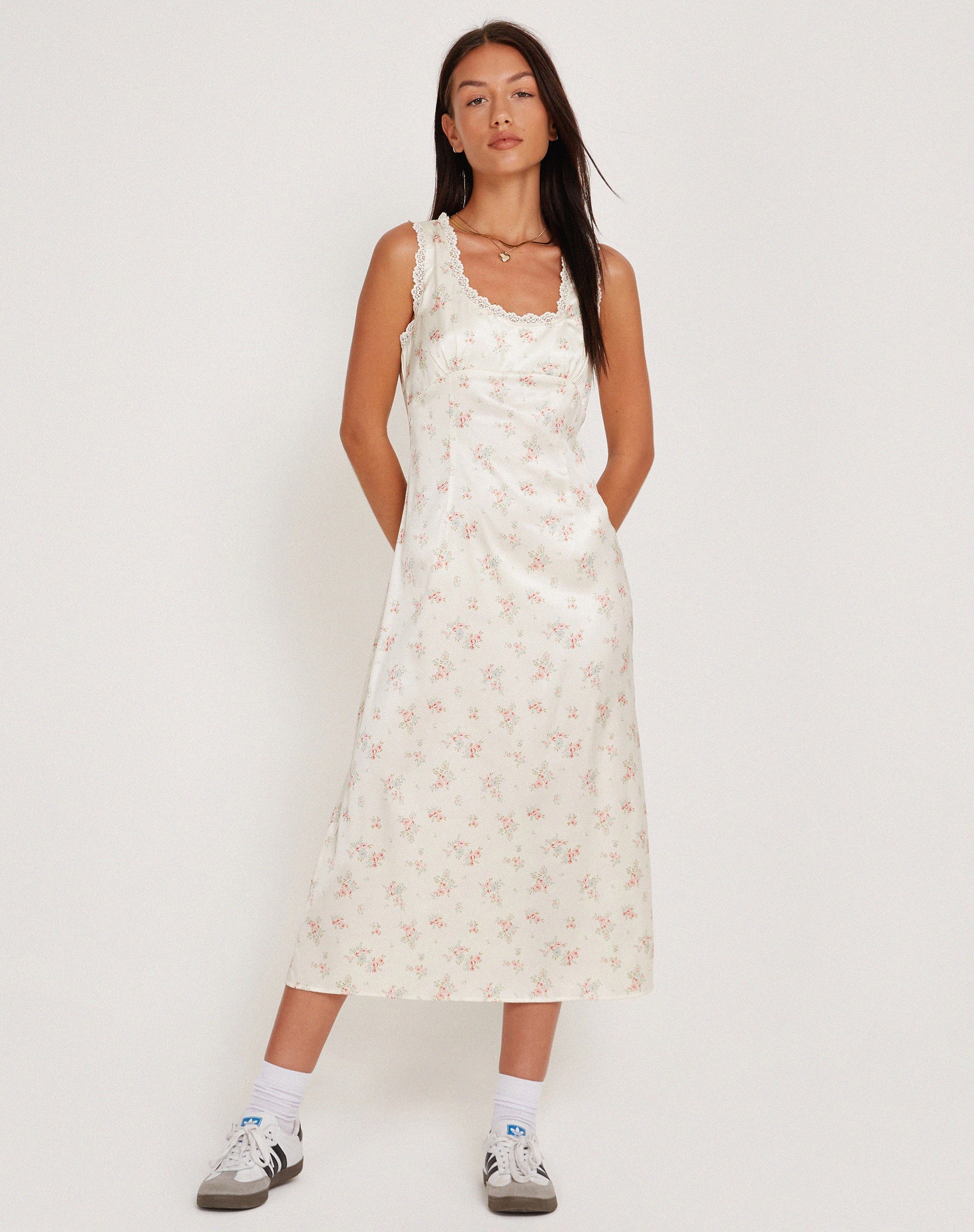 Image of Jinora Midi Dress in Satin Vintage Rose Garland
