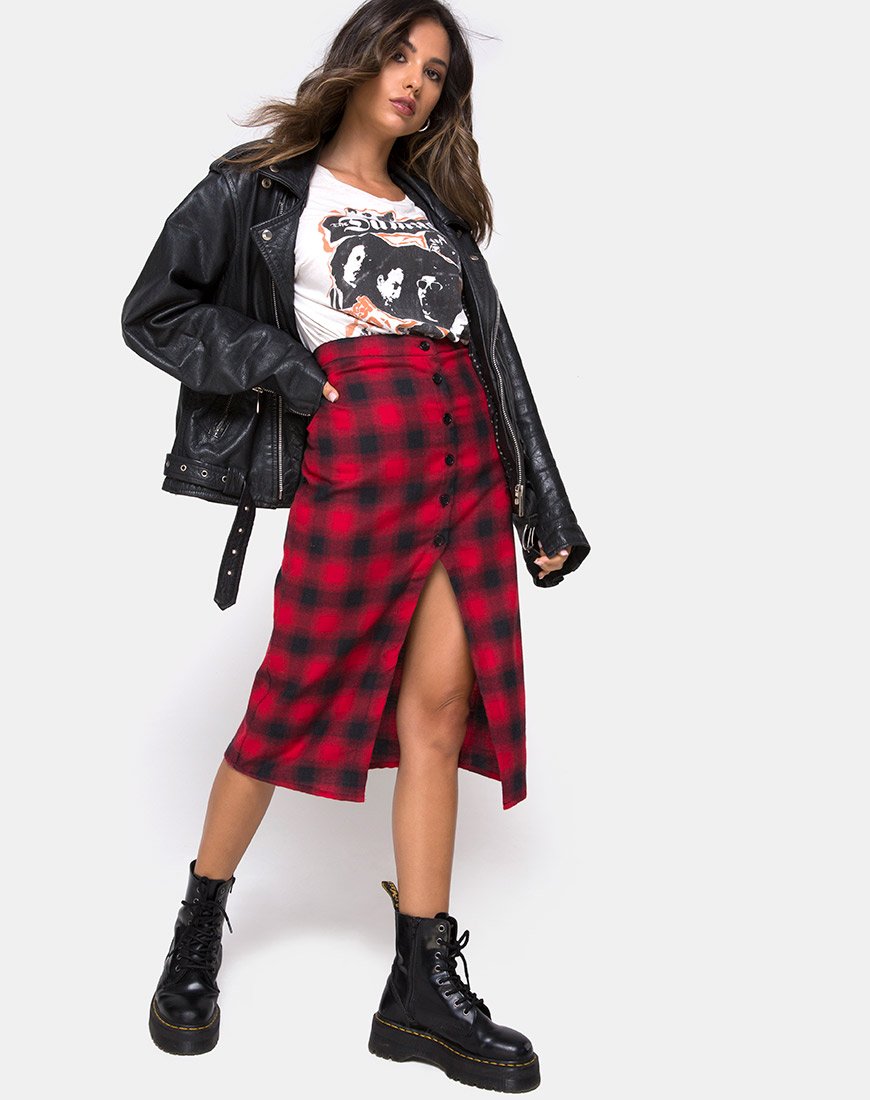 Image of Kaisa Midi Skirt in Plaid Red and Black
