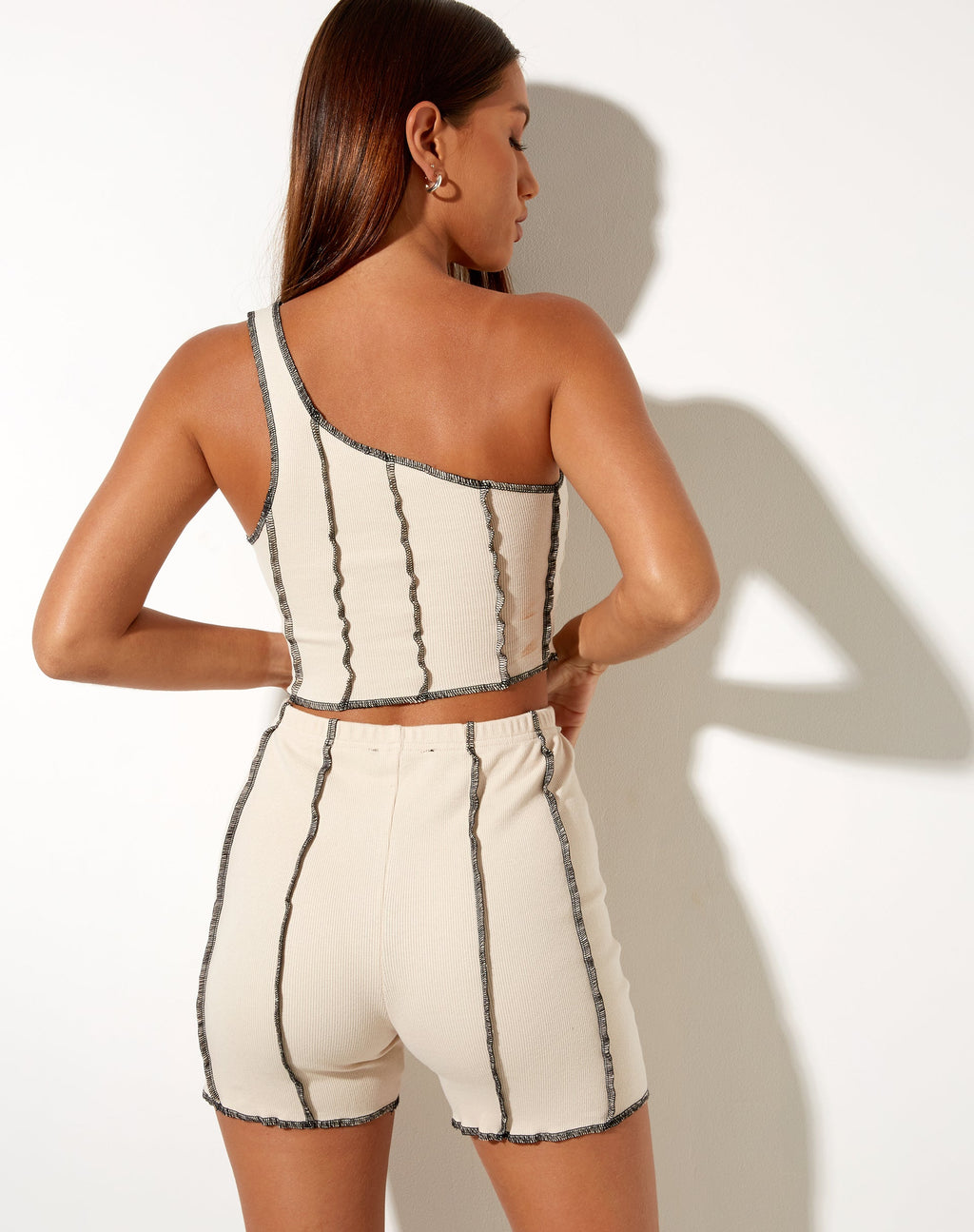 Kala Short in Rib Ecru with Black Stitching