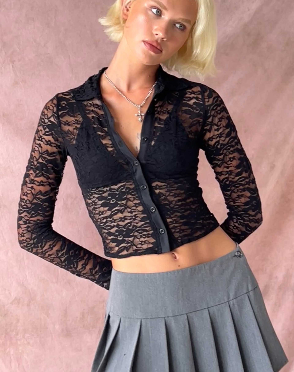 Kawai Button Up Top in Lace Black
