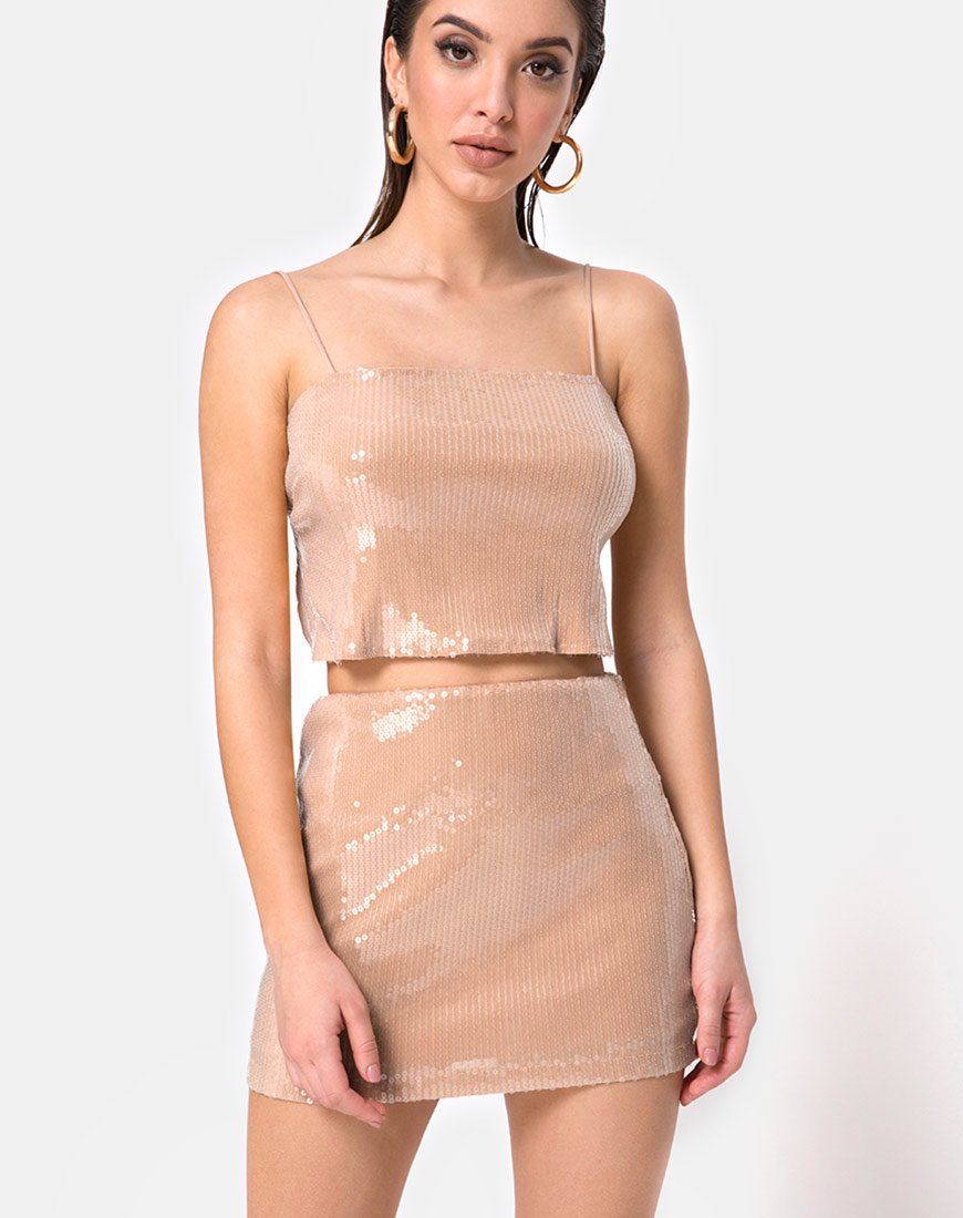 Champo Crop Top in Camel with Clear Sequin