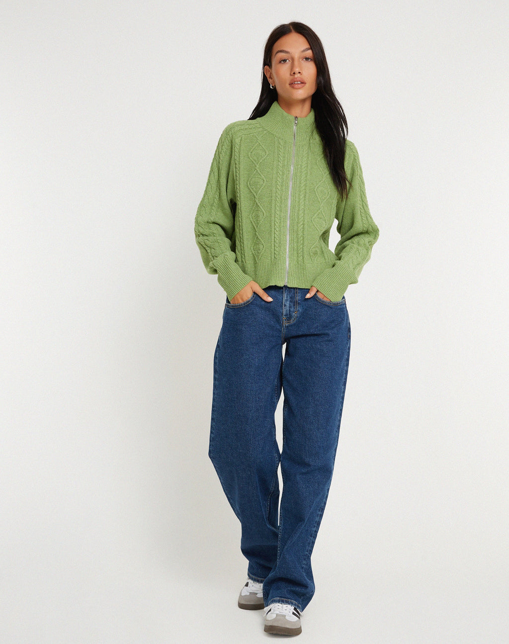 Lemila Knitted Zip Up Jacket in Moss Green