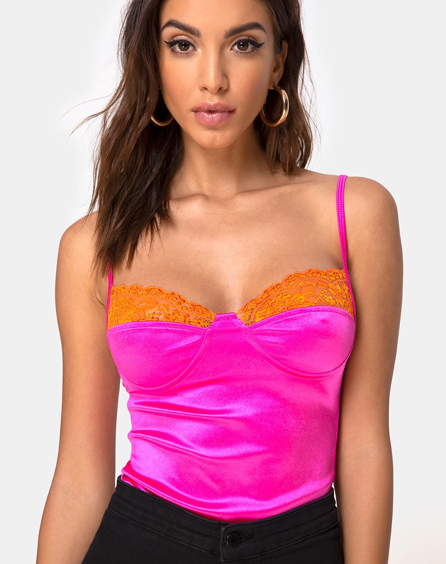 Image of Letta Bodice in Pink with Orange Lace